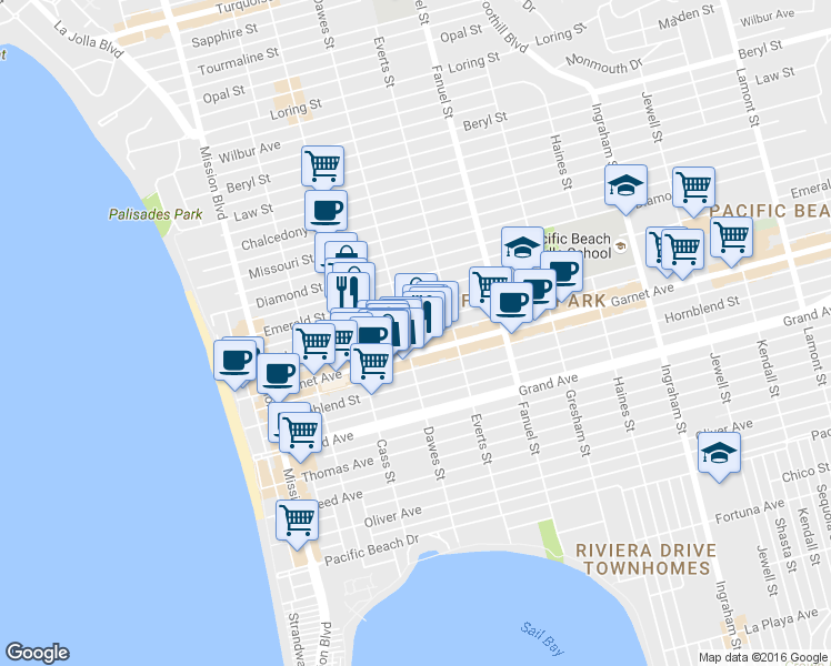 map of restaurants, bars, coffee shops, grocery stores, and more near 1078 Felspar Street in San Diego