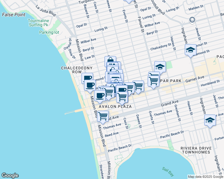 map of restaurants, bars, coffee shops, grocery stores, and more near 930 Emerald Street in San Diego