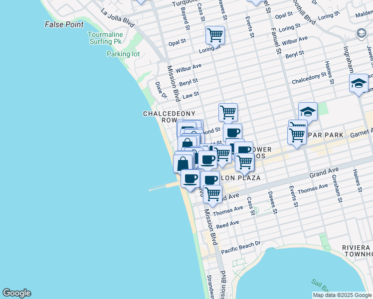 map of restaurants, bars, coffee shops, grocery stores, and more near in San Diego