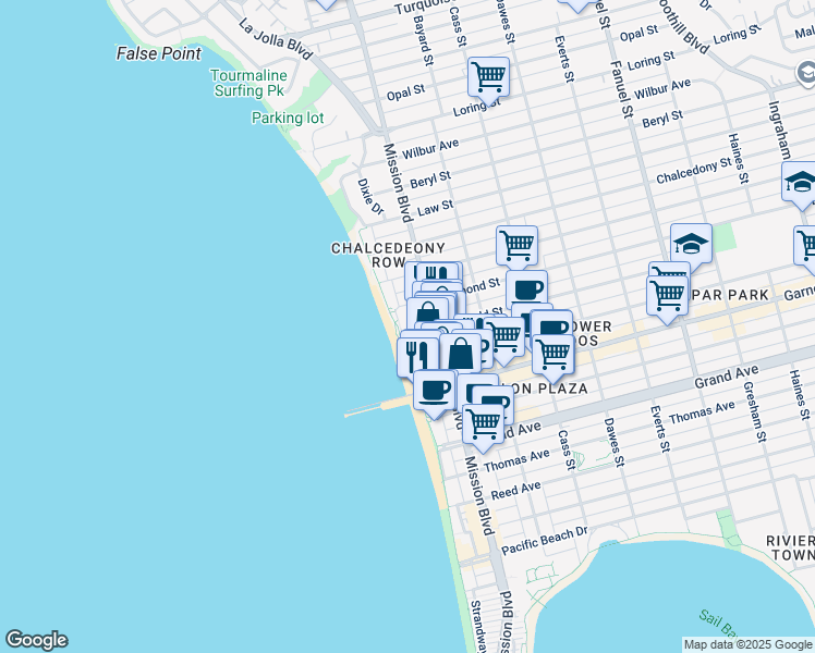 map of restaurants, bars, coffee shops, grocery stores, and more near 4682 Mission Boulevard in San Diego