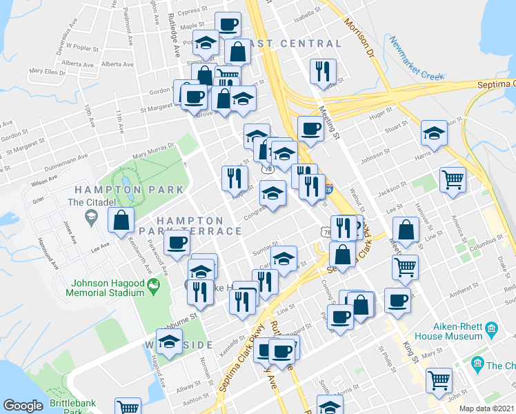 map of restaurants, bars, coffee shops, grocery stores, and more near 4 Senate Street in Charleston