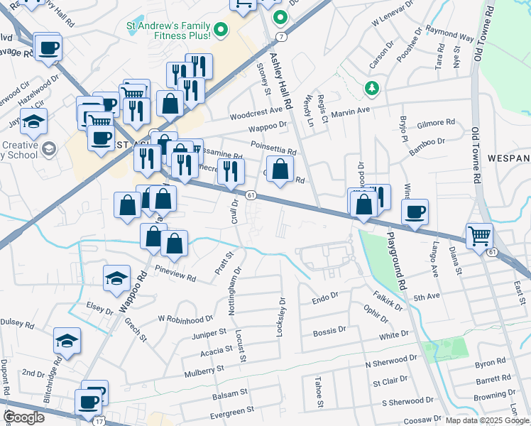 map of restaurants, bars, coffee shops, grocery stores, and more near 75538 Ashley River Road in Charleston