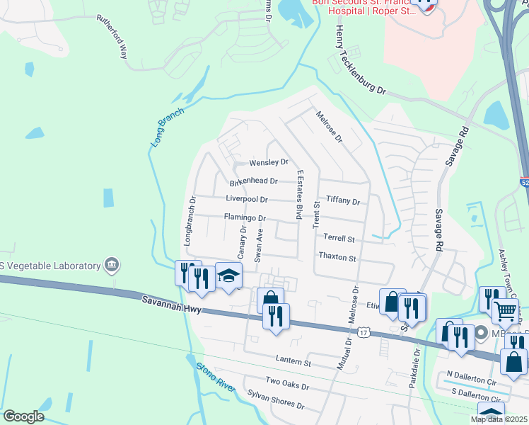 map of restaurants, bars, coffee shops, grocery stores, and more near 2485 Liverpool Drive in Charleston
