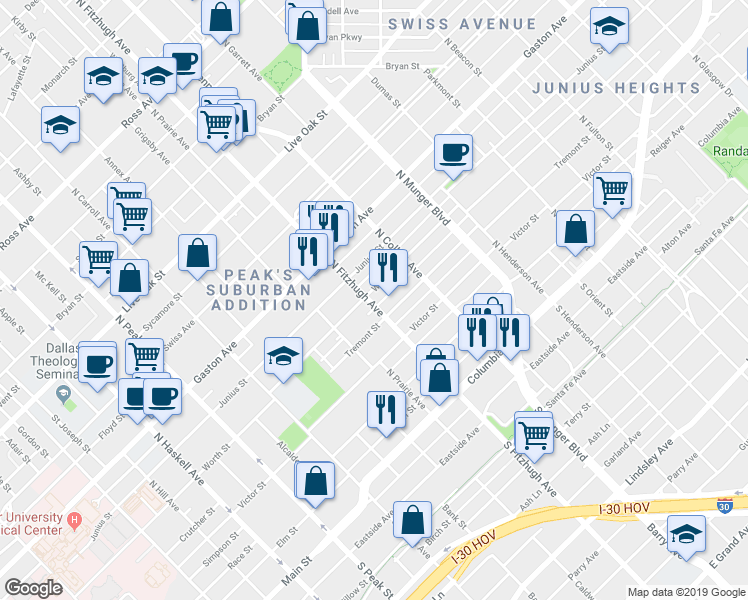 map of restaurants, bars, coffee shops, grocery stores, and more near 4920 Worth Street in Dallas