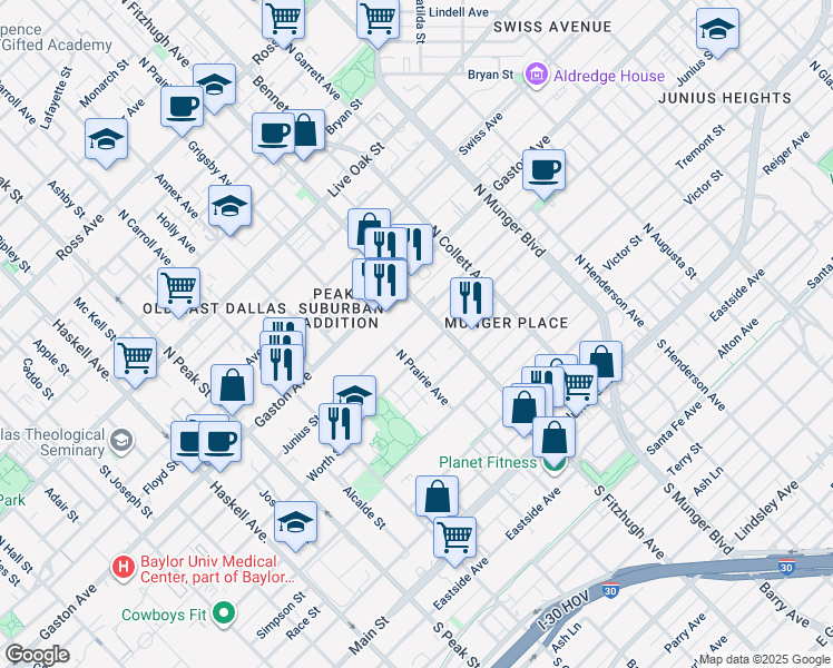 map of restaurants, bars, coffee shops, grocery stores, and more near in Dallas
