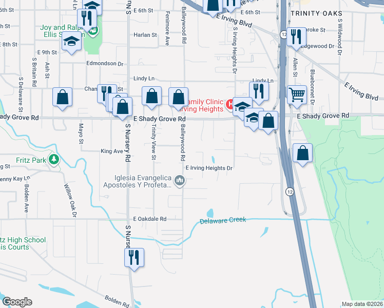 map of restaurants, bars, coffee shops, grocery stores, and more near 1421 East 15th Street in Irving