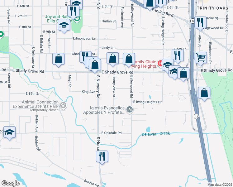 map of restaurants, bars, coffee shops, grocery stores, and more near 1224 East 15th Street in Irving