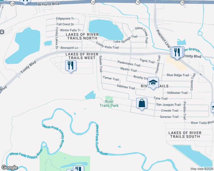map of restaurants, bars, coffee shops, grocery stores, and more near 8513 Sabinas Trail in Fort Worth