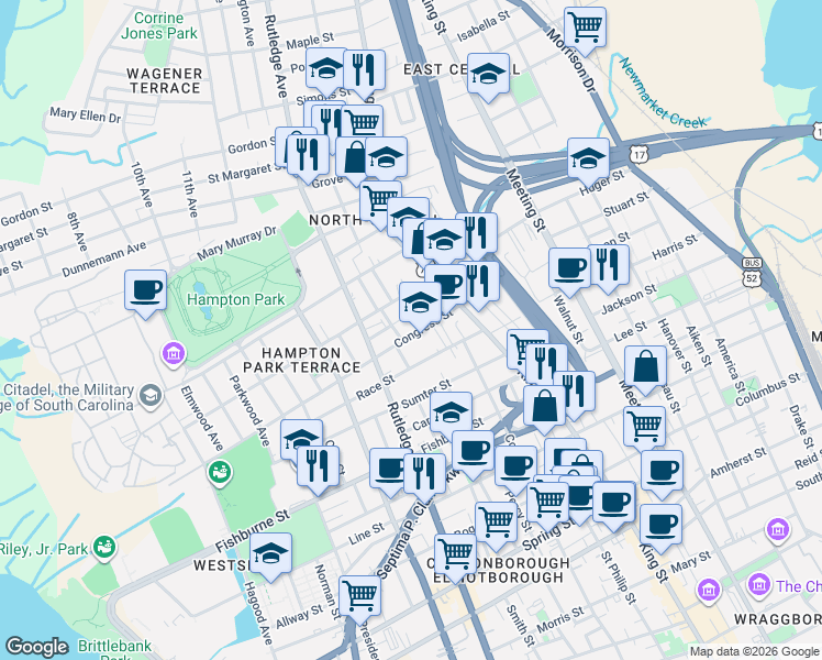 map of restaurants, bars, coffee shops, grocery stores, and more near 4 Senate Street in Charleston