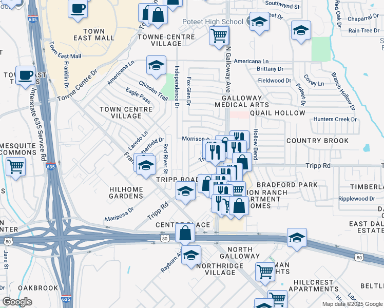 map of restaurants, bars, coffee shops, grocery stores, and more near 2429 Trenton Circle in Mesquite
