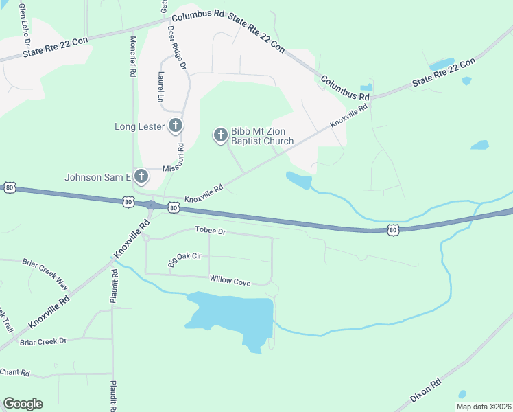 map of restaurants, bars, coffee shops, grocery stores, and more near 6908 Knoxville Road in Lizella