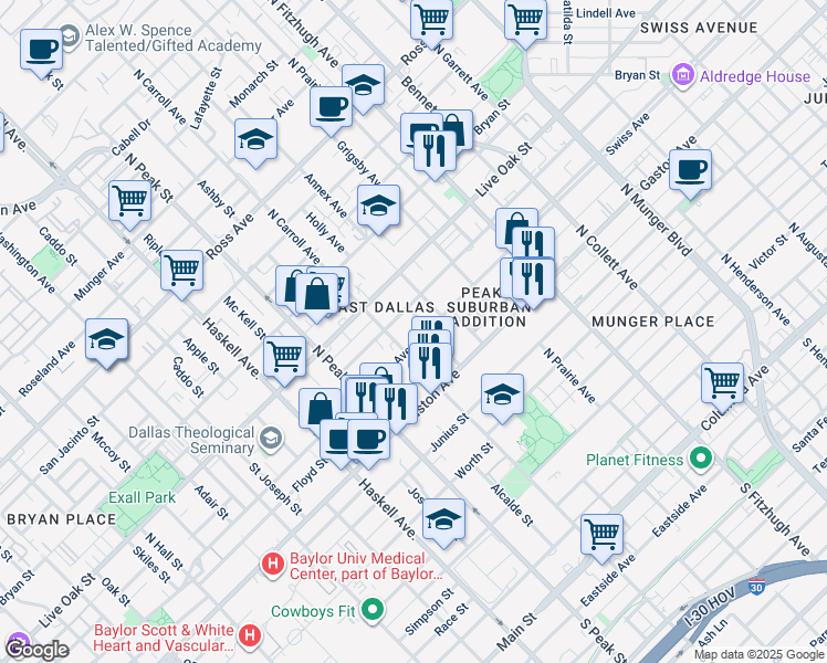 map of restaurants, bars, coffee shops, grocery stores, and more near 4515 Swiss Avenue in Dallas