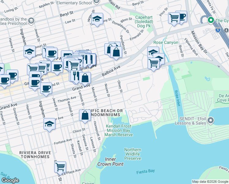 map of restaurants, bars, coffee shops, grocery stores, and more near 2140 Reed Avenue in San Diego