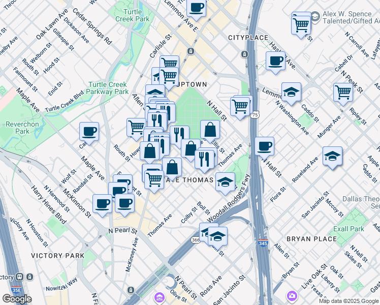 map of restaurants, bars, coffee shops, grocery stores, and more near 2525 Worthington Street in Dallas