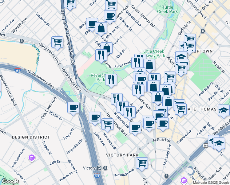 map of restaurants, bars, coffee shops, grocery stores, and more near 2217 Ivan Street in Dallas