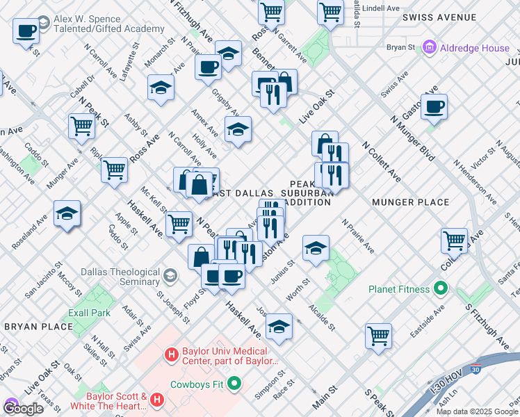 map of restaurants, bars, coffee shops, grocery stores, and more near 4515 Swiss Avenue in Dallas