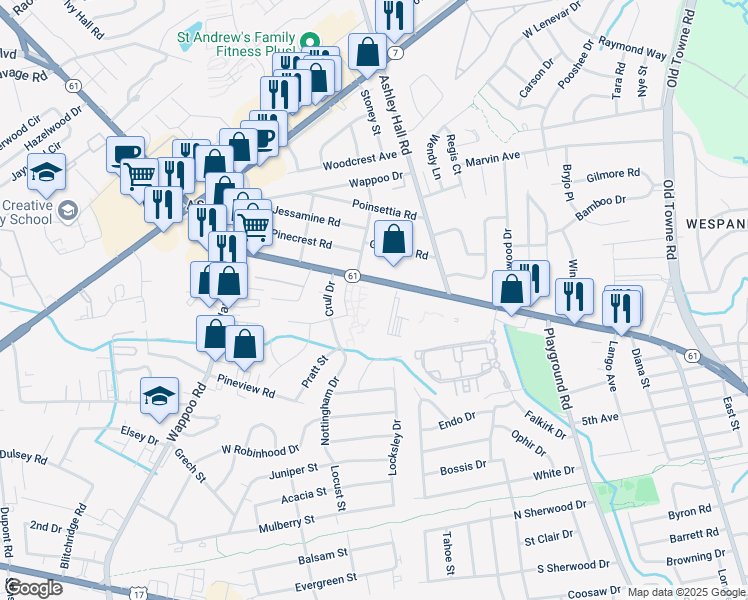 map of restaurants, bars, coffee shops, grocery stores, and more near 1545 Ashley River Road in Charleston