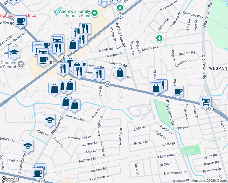map of restaurants, bars, coffee shops, grocery stores, and more near 75538 Ashley River Road in Charleston
