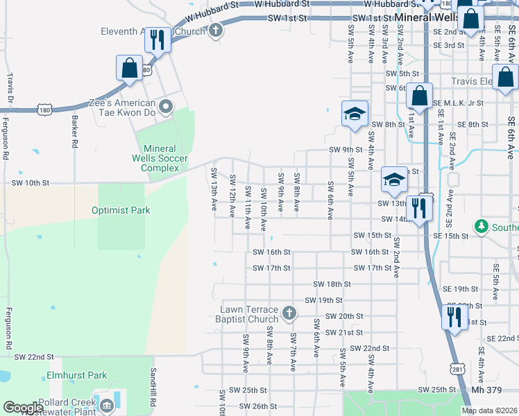 map of restaurants, bars, coffee shops, grocery stores, and more near 1102 Southwest 14th Street in Mineral Wells