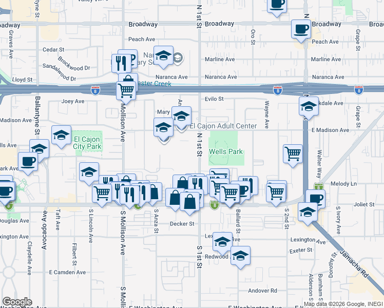map of restaurants, bars, coffee shops, grocery stores, and more near 390 North 1st Street in El Cajon