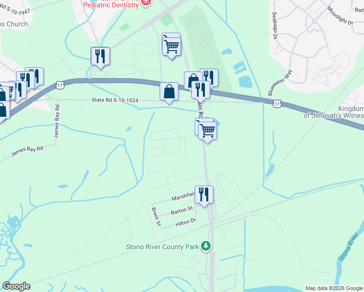 map of restaurants, bars, coffee shops, grocery stores, and more near 111 Winding River Drive in Johns Island