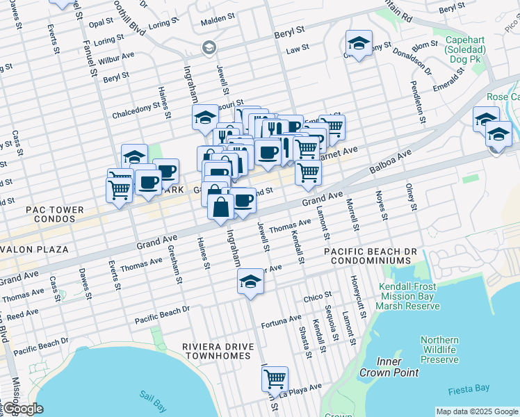 map of restaurants, bars, coffee shops, grocery stores, and more near 1703 Hornblend Street in San Diego