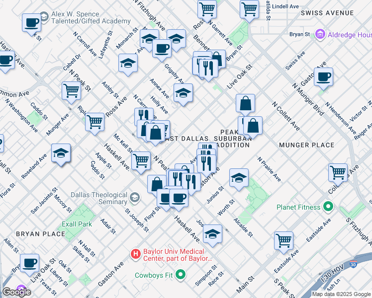 map of restaurants, bars, coffee shops, grocery stores, and more near N Carroll Ave & Sycamore St in Dallas