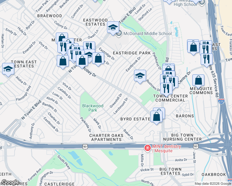 map of restaurants, bars, coffee shops, grocery stores, and more near 2702 Eastbrook Drive in Mesquite