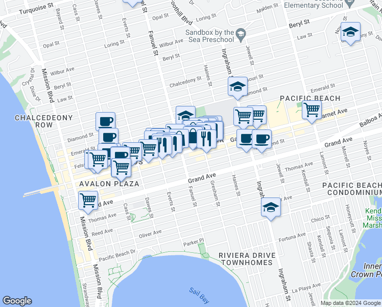 map of restaurants, bars, coffee shops, grocery stores, and more near 1331 Garnet Avenue in San Diego