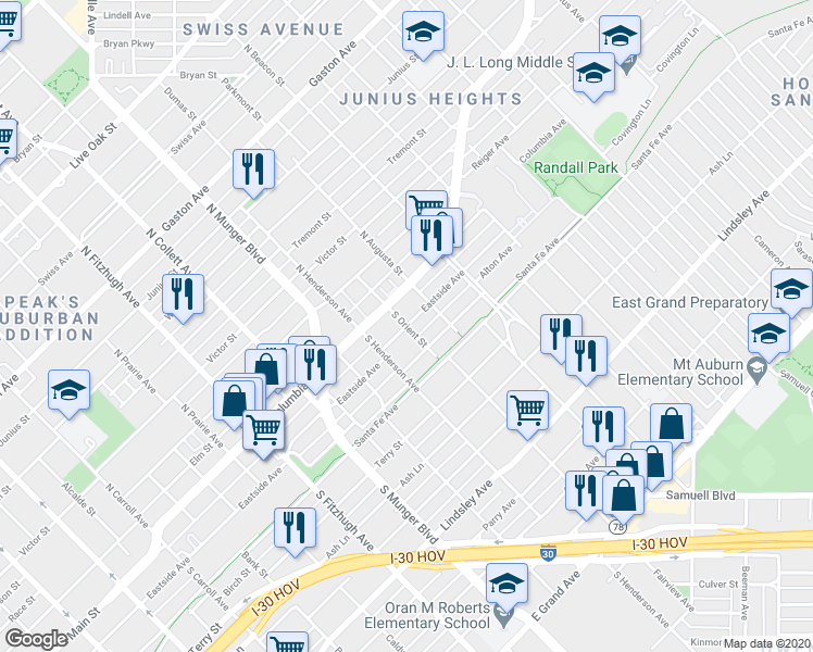 map of restaurants, bars, coffee shops, grocery stores, and more near East Side Ave & S Orient St in Dallas