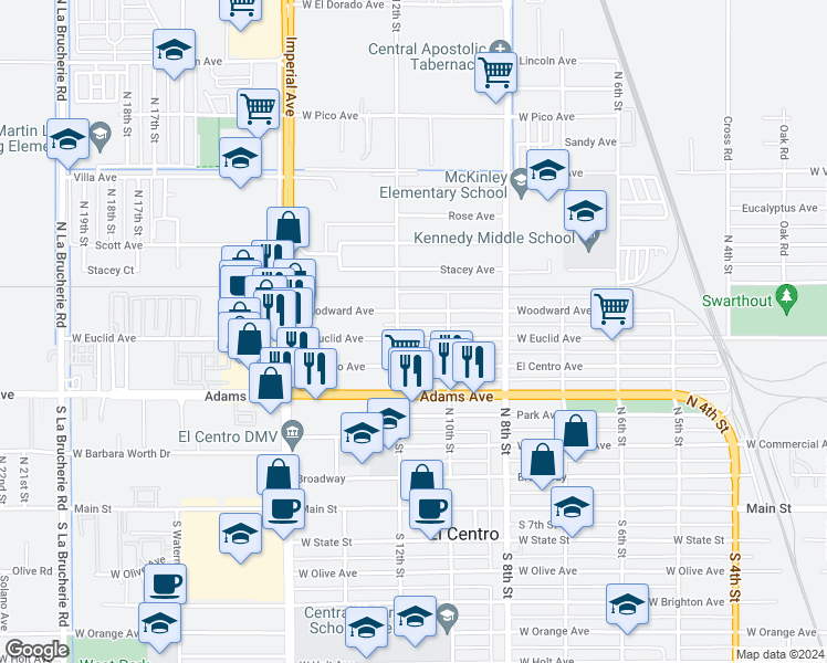 map of restaurants, bars, coffee shops, grocery stores, and more near 1035 Woodward Avenue in El Centro