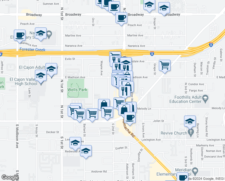 map of restaurants, bars, coffee shops, grocery stores, and more near 377 Shady Lane in El Cajon