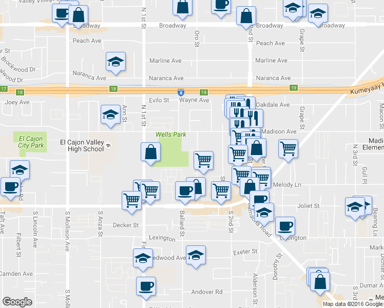 map of restaurants, bars, coffee shops, grocery stores, and more near 393 Orlando Street in El Cajon