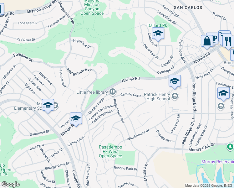 map of restaurants, bars, coffee shops, grocery stores, and more near 6244 Camino Largo in San Diego
