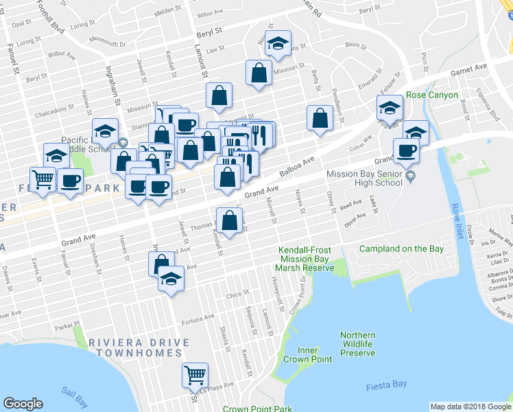map of restaurants, bars, coffee shops, grocery stores, and more near 1919 Grand Avenue in San Diego