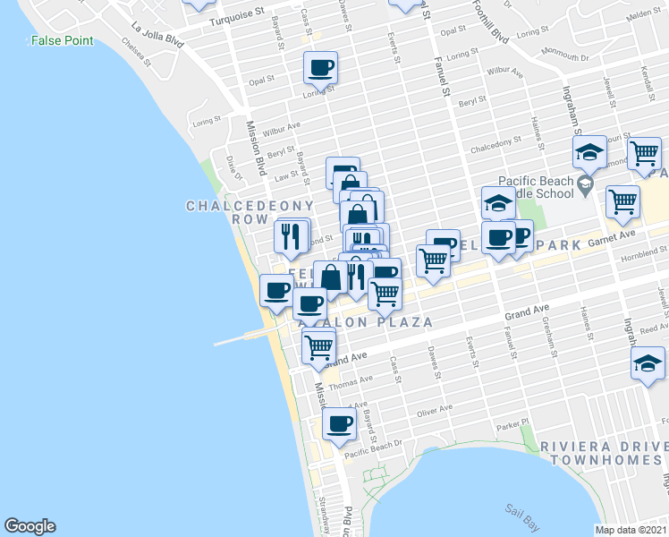 map of restaurants, bars, coffee shops, grocery stores, and more near 930 Emerald Street in San Diego
