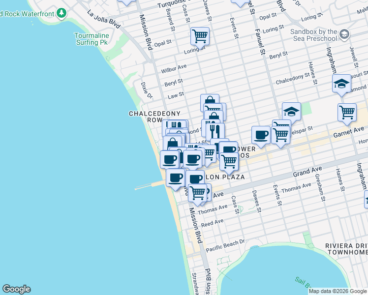 map of restaurants, bars, coffee shops, grocery stores, and more near 856 Emerald Street in San Diego