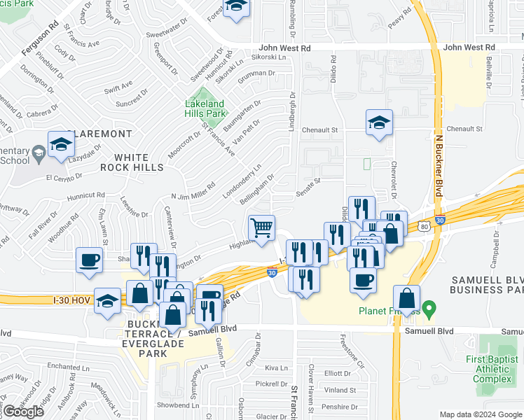 map of restaurants, bars, coffee shops, grocery stores, and more near 3401 Saint Francis Avenue in Dallas