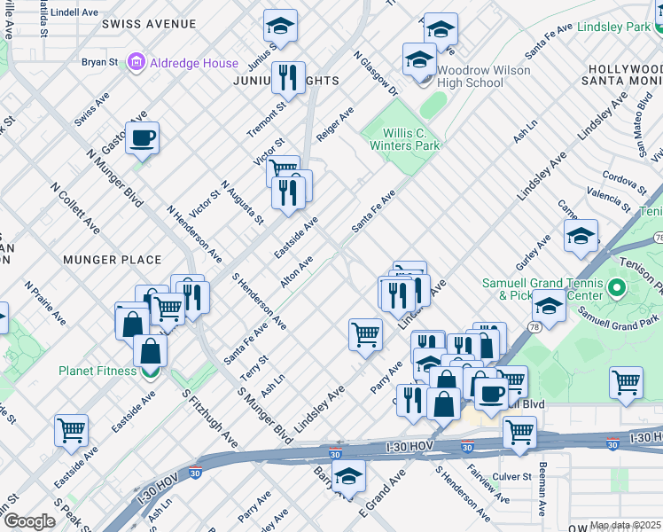map of restaurants, bars, coffee shops, grocery stores, and more near 5510 Santa Fe Avenue in Dallas