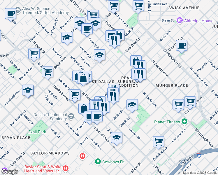 map of restaurants, bars, coffee shops, grocery stores, and more near 4609 Swiss Avenue in Dallas