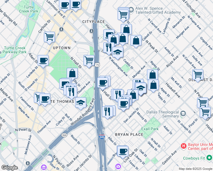 map of restaurants, bars, coffee shops, grocery stores, and more near 19 McCoy Place in Dallas