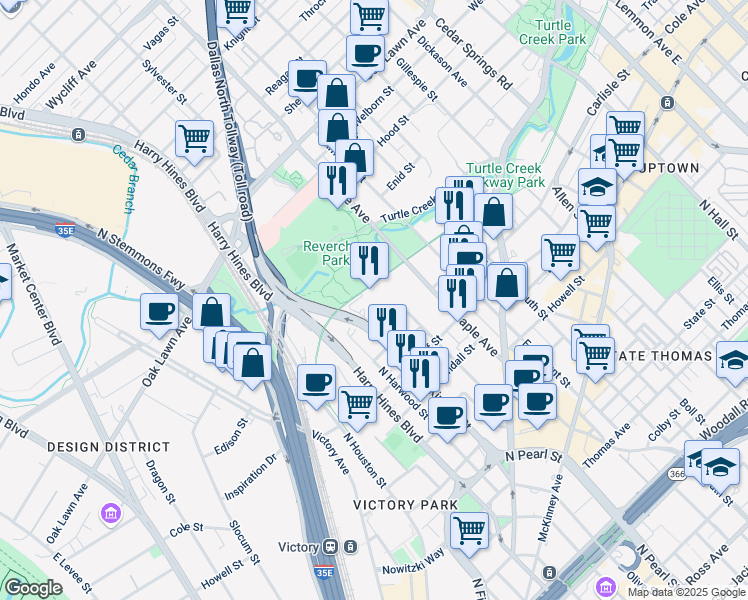 map of restaurants, bars, coffee shops, grocery stores, and more near 2217 Ivan Street in Dallas