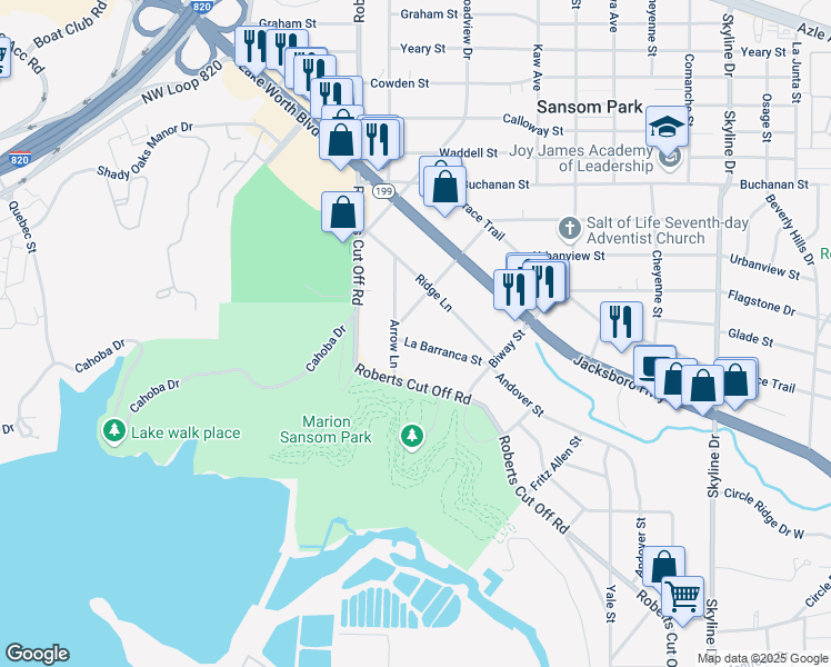 map of restaurants, bars, coffee shops, grocery stores, and more near 2512 Norfleet Street in Fort Worth