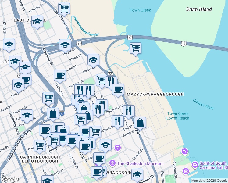 map of restaurants, bars, coffee shops, grocery stores, and more near 122 Drake Street in Charleston