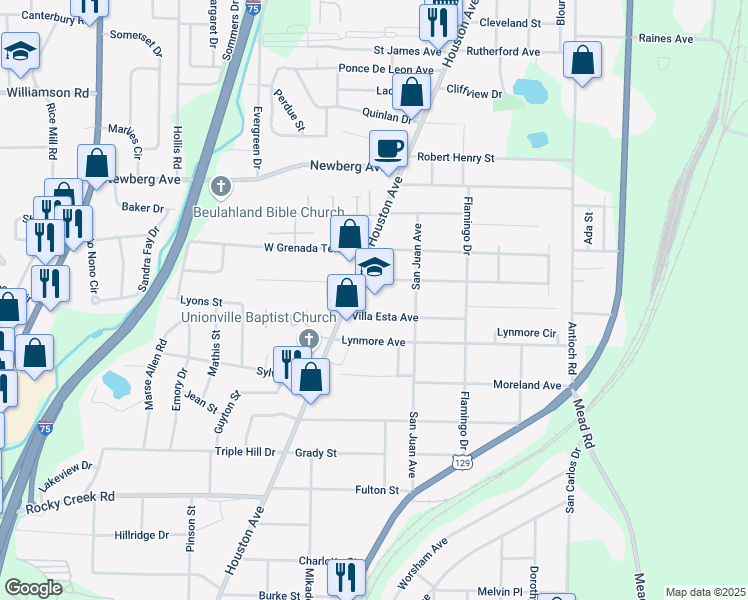 map of restaurants, bars, coffee shops, grocery stores, and more near 3660 Houston Avenue in Macon