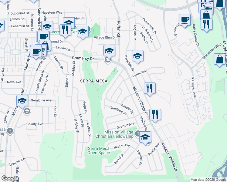 map of restaurants, bars, coffee shops, grocery stores, and more near 9202 Fermi Avenue in San Diego