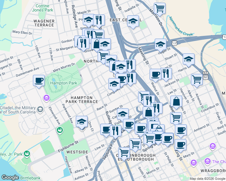 map of restaurants, bars, coffee shops, grocery stores, and more near 1 Dingle Street in Charleston