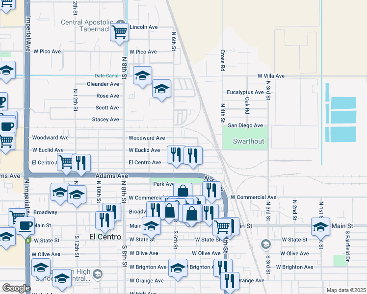 map of restaurants, bars, coffee shops, grocery stores, and more near 519 Woodward Ave in El Centro