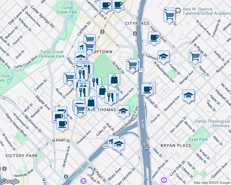 map of restaurants, bars, coffee shops, grocery stores, and more near 2419 Ellis Street in Dallas