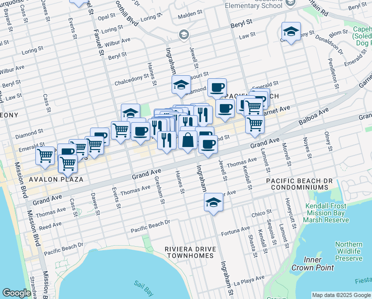 map of restaurants, bars, coffee shops, grocery stores, and more near 1539 Hornblend Street in San Diego